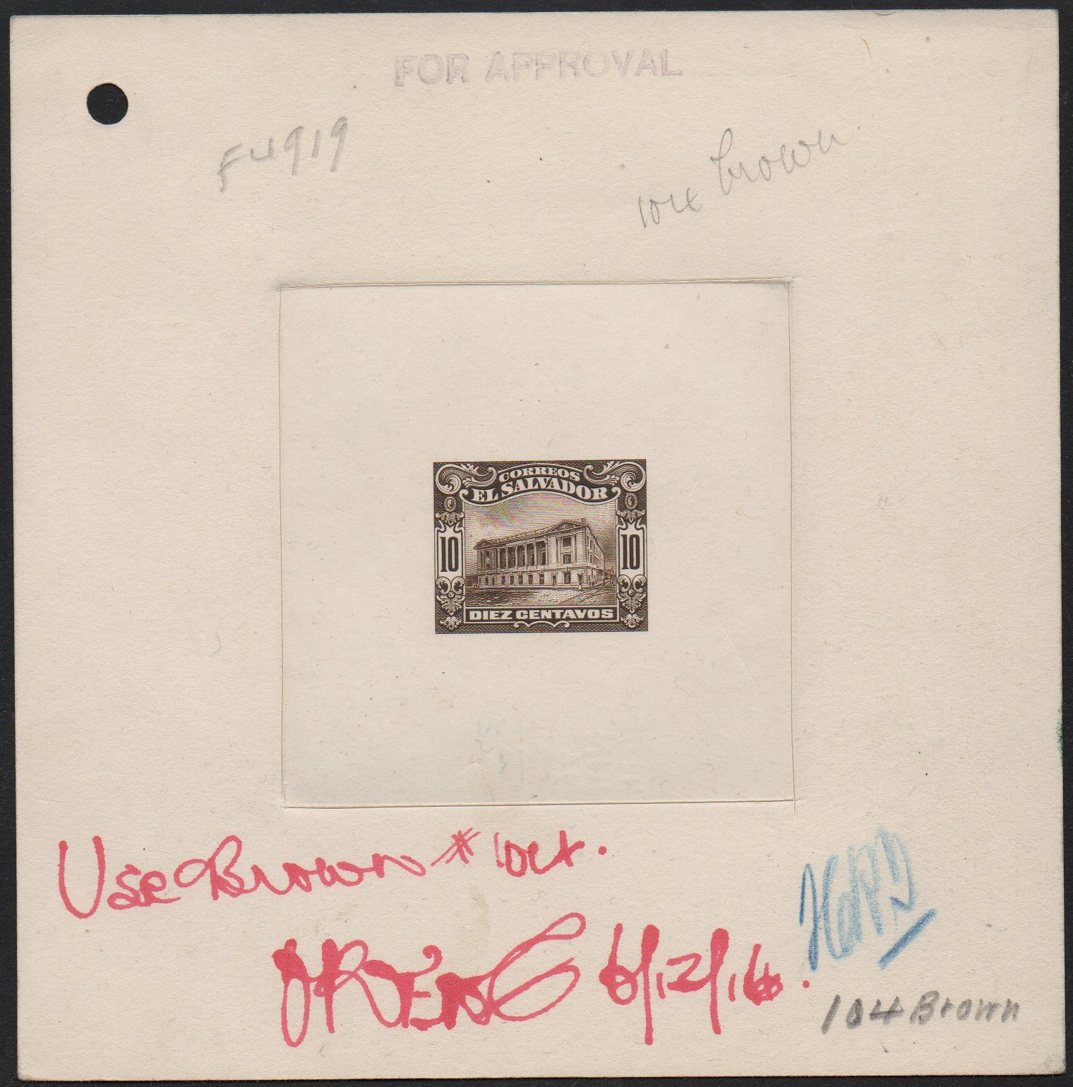 ABN Co. stamp archive working die proof of 10c - front - timbres-poste Briefmarken stamps El Salvador Tram Trolley Tranvia National Theatre teatro nacional 